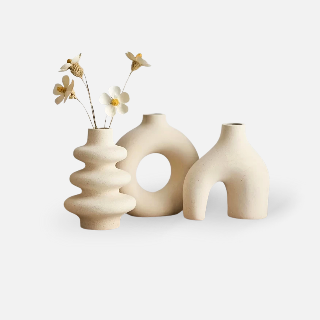 Oterra Vases set of 3 – modern ceramic and porcelain decorative vases with matte finish in arch, tiered, and donut shapes for fresh or dried flowers